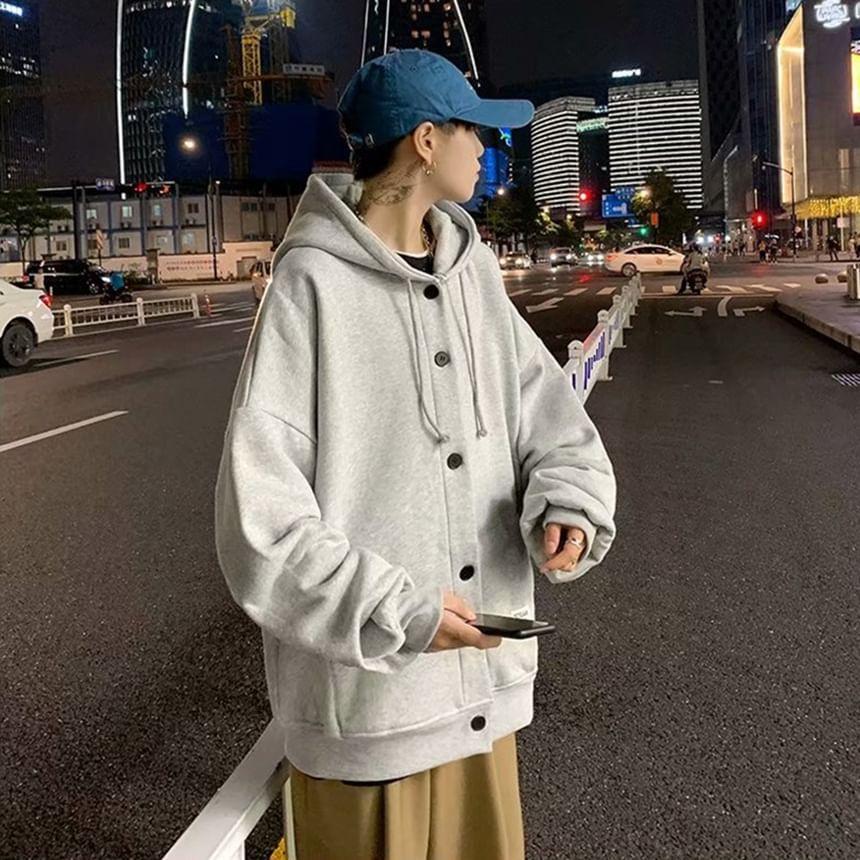 Lettering Applique Drawstring Fleece-Lined Button Hoodie Product Image