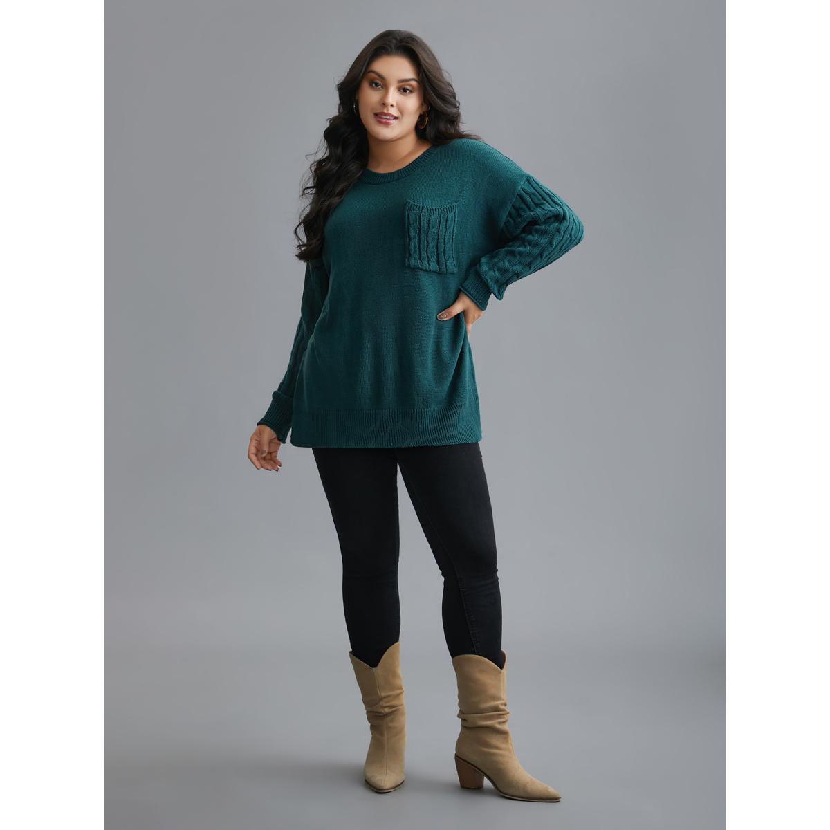 Plus Size Cable Knit Sleeve Chest Pocket Pullover Cyan Women Casual Loose Long Sleeve Round Neck Everyday Pullovers BloomChic 30/6X Product Image