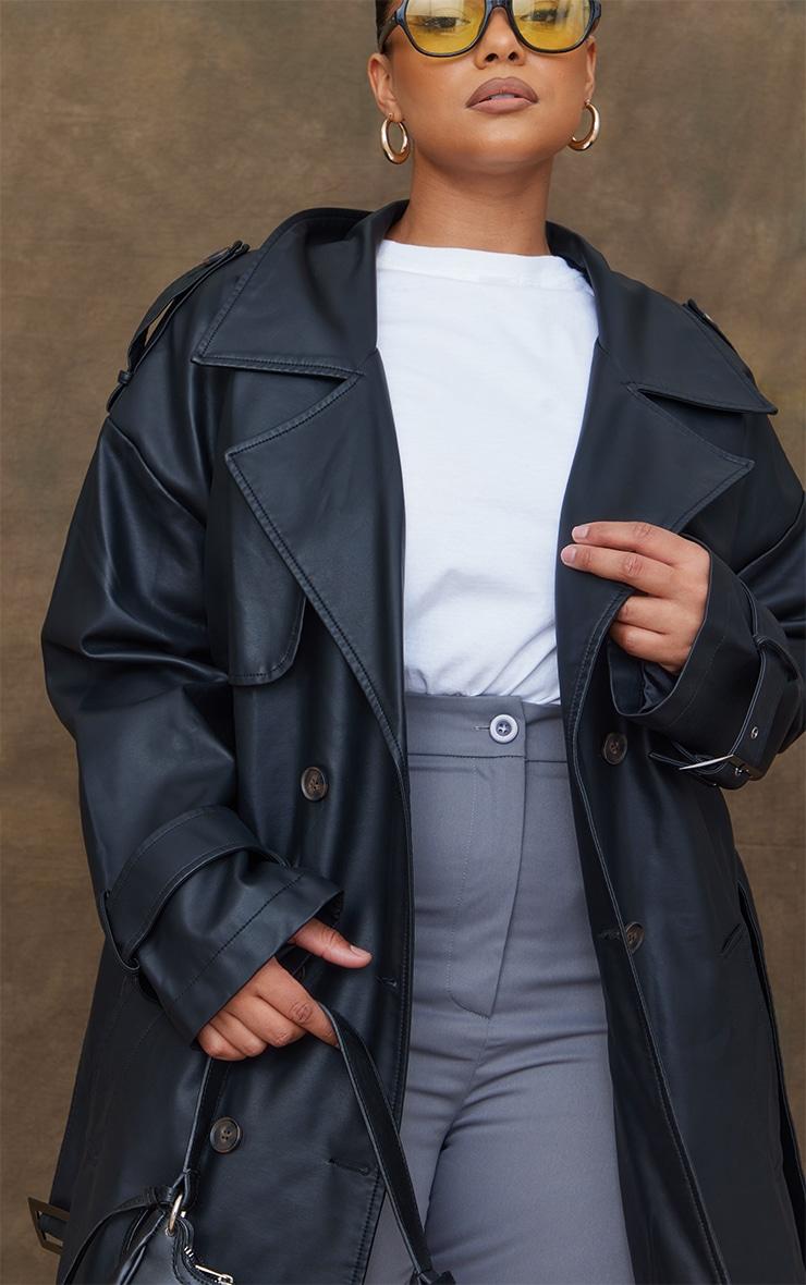 Plus Black Faux Leather Statement Buckle Trench Coat Product Image