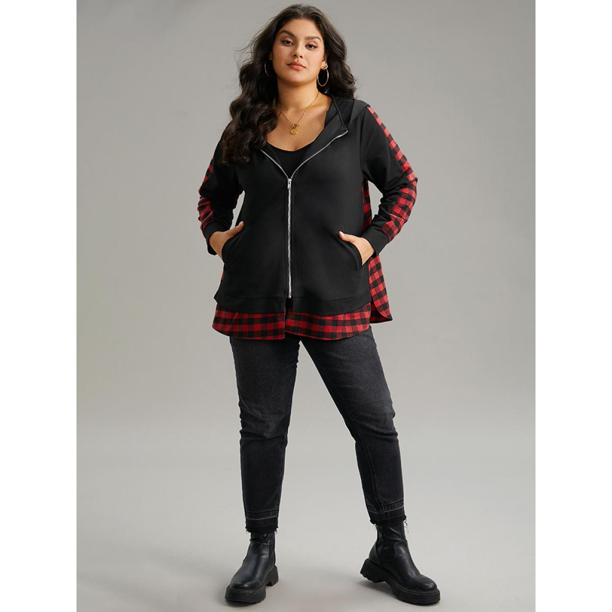 Plus Size Plaid Patchwork Zipper Hooded Asymmetrical Hem Jacket Women Black Contrast Pocket Dailywear Jackets BloomChic 18-20/2X Product Image