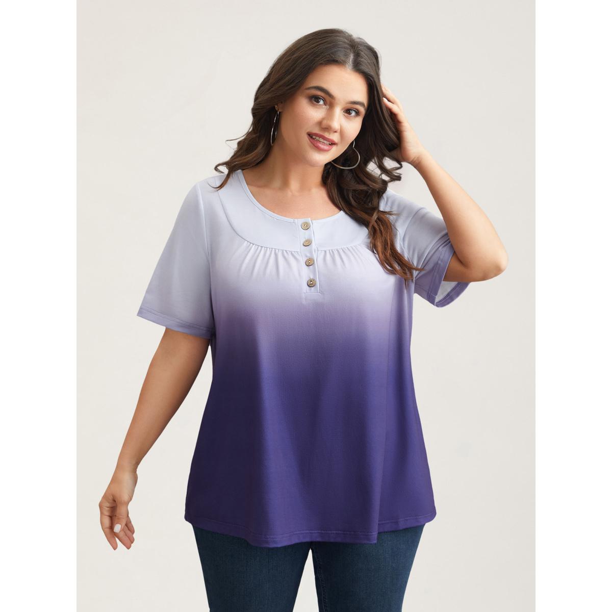 Plus Size Gradient Pleated Button-Front T-Shirt Deeppurple Women Casual Gathered Round Neck Everyday T-shirts BloomChic 14-16/1X Product Image