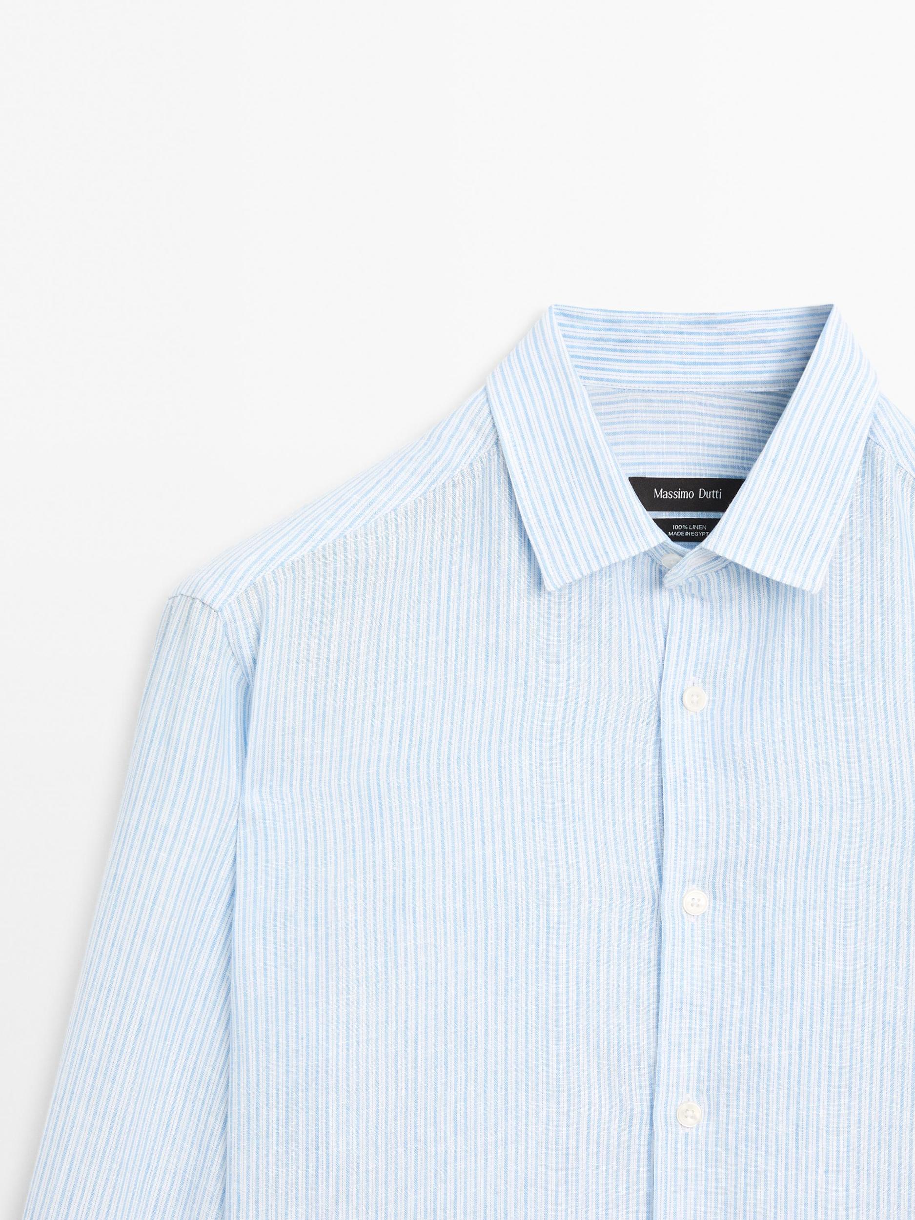 Slim fit striped 100% linen shirt Product Image