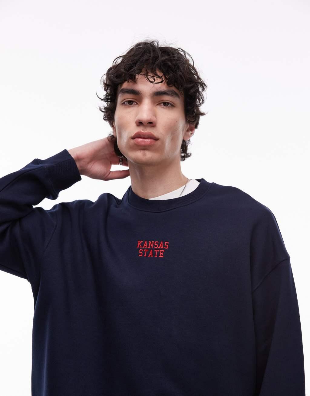 Topman oversized fit sweatshirt with Kansas State embroidery in black Product Image