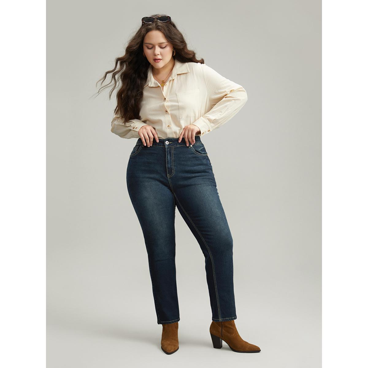 Plus Size Dark Wash Straight Leg High Rise Jeans Women Indigo Casual Plain Plain High stretch Pocket Jeans BloomChic 24/3X Product Image