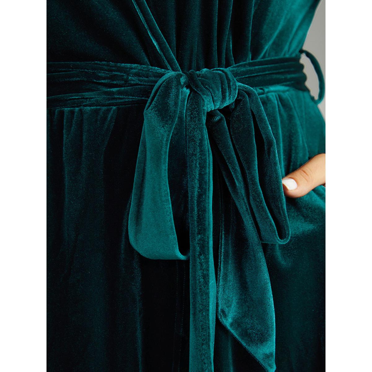 Plus Size Solid Velvet Belted Wrap Arc Hem Dress Cyan Women Timeless Elastic cuffs Overlap Collar Long Sleeve Curvy Midi Dress BloomChic 26/4X Product Image