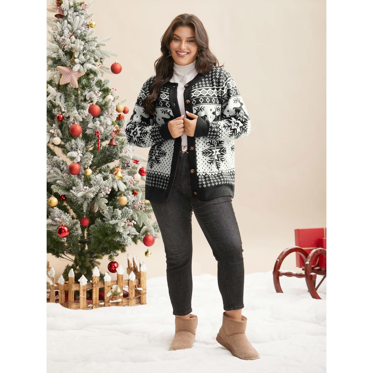 Plus Size Reindeer And Snow Pattern Button-Front Cardigan Black Women Casual Loose Long Sleeve Everyday Cardigans BloomChic 12/L Product Image