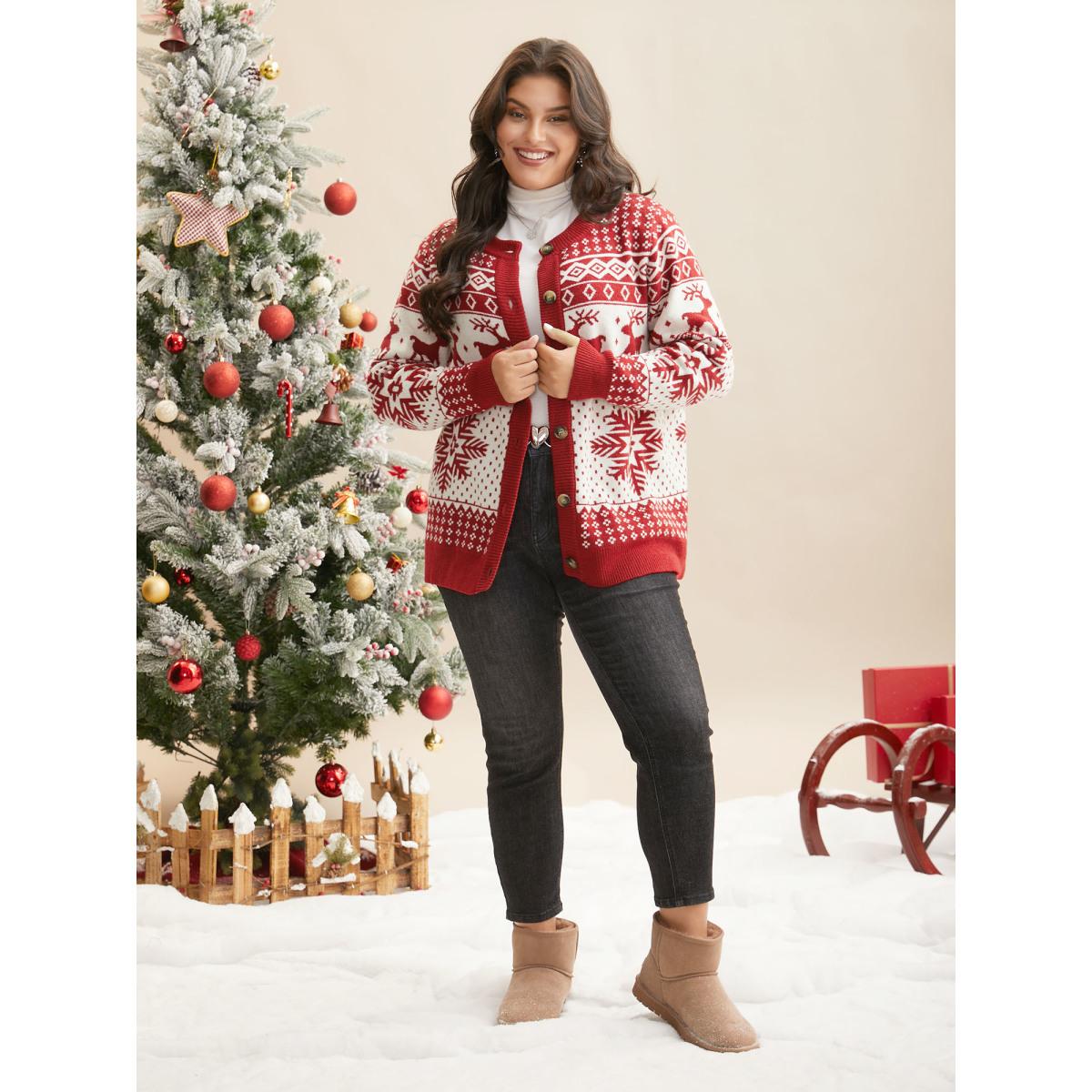 Plus Size Reindeer And Snow Pattern Button-Front Cardigan Scarlet Women Casual Loose Long Sleeve Everyday Cardigans BloomChic 26/4X Product Image