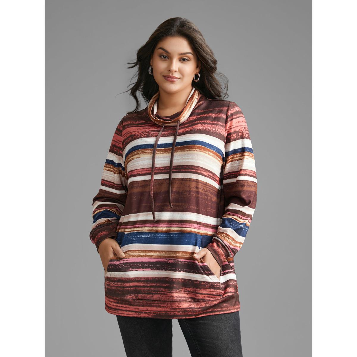 Plus Size Striped Patched Pocket Drawstring Sweatshirt Women Multicolor Casual Drawstring Loose Ruffled collar Everyday Sweatshirts BloomChic 10/M Product Image
