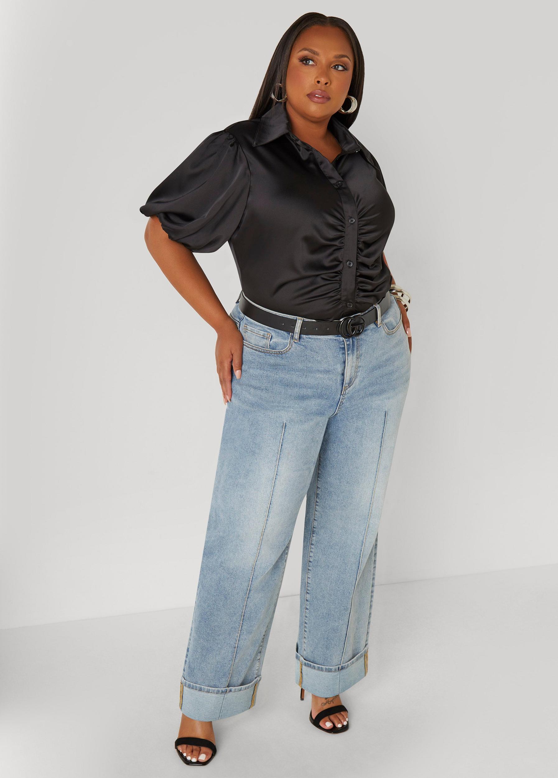 Plus Size Ruched Satin Shirt Ashley Stewart Product Image
