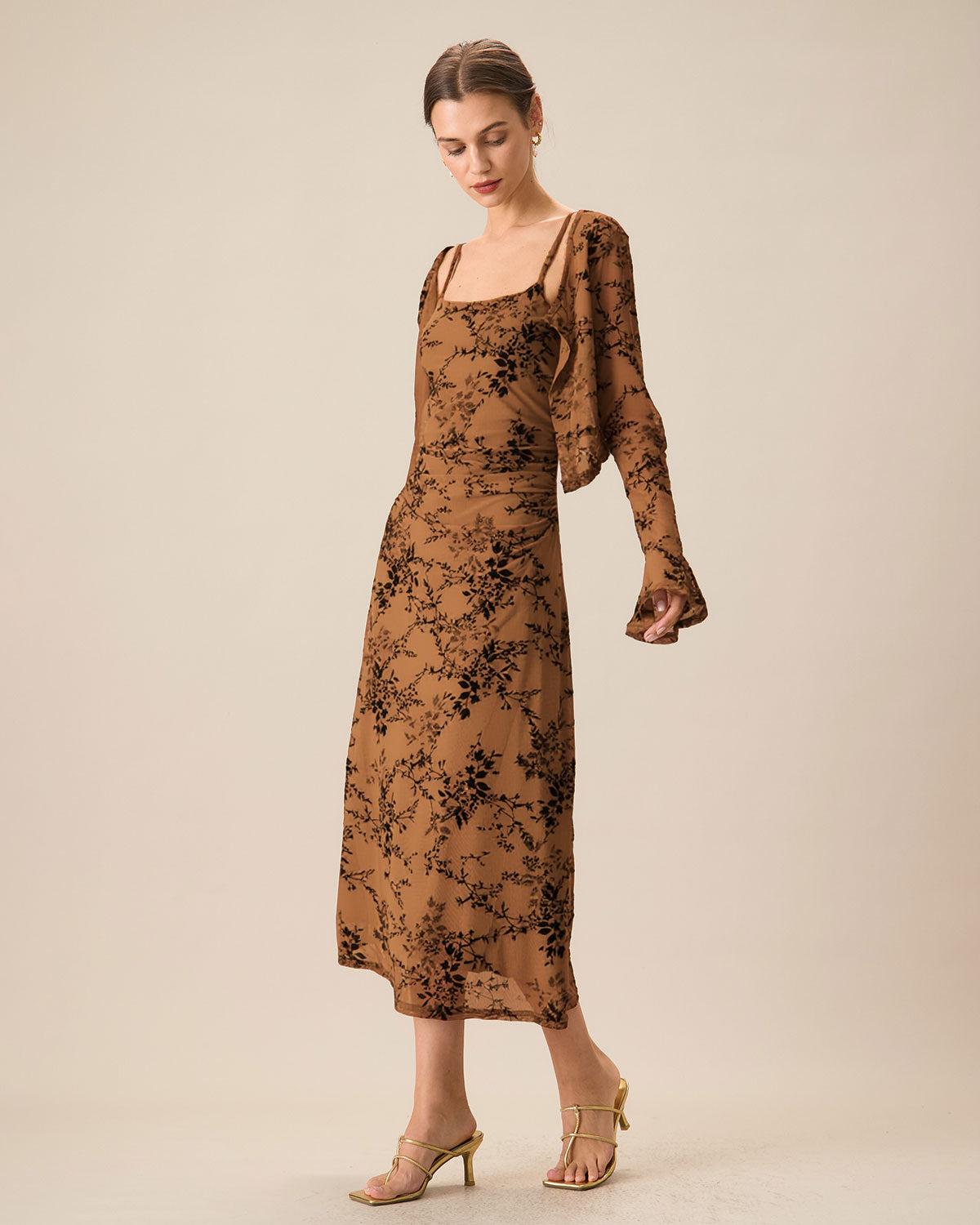 Brown Floral Two-piece Midi Dress Product Image