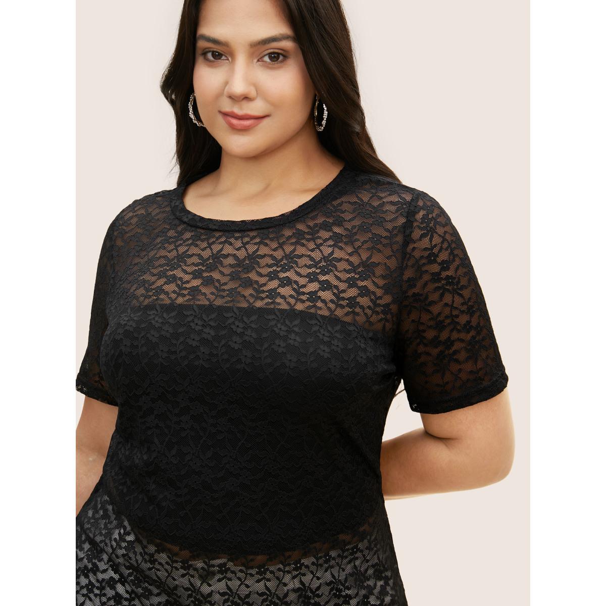 Plus Size Crochet Lace Mesh Crew Neck T-shirt Black Women Elegant See through Round Neck Bodycon Everyday T-shirts BloomChic 12/L Product Image