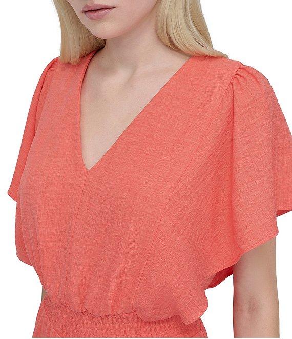 DKNY by Donna Karan V-Neck Flutter Sleeve Smocked Waist Gauze Blouson Midi Dress Product Image