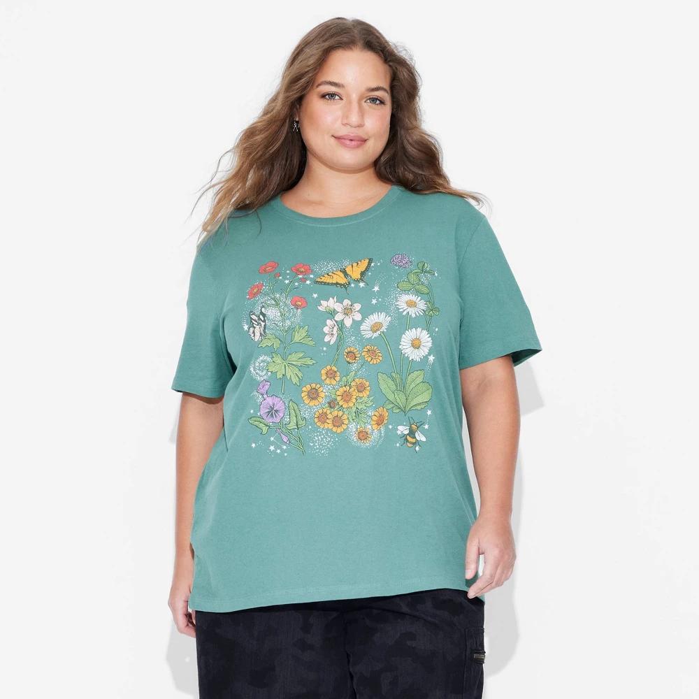Women's Colorful Floral Short Sleeve Graphic T-Shirt - Green Product Image