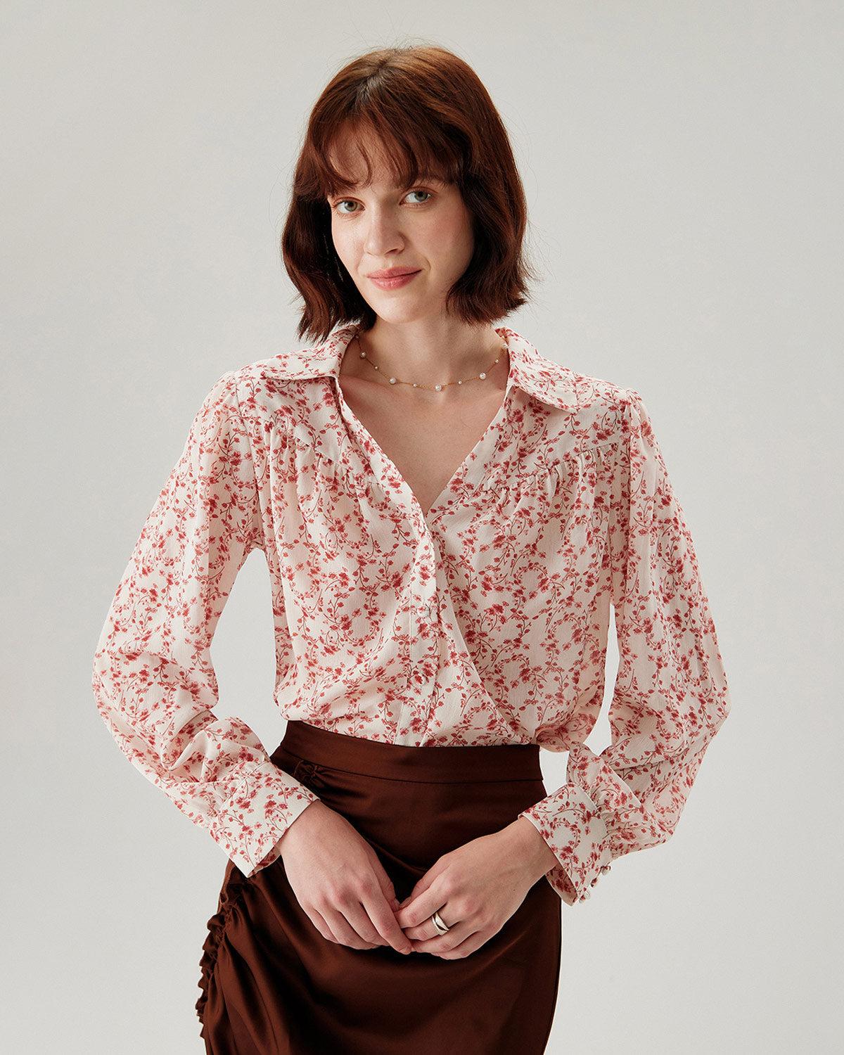 Red Floral Ruched Shirt Product Image