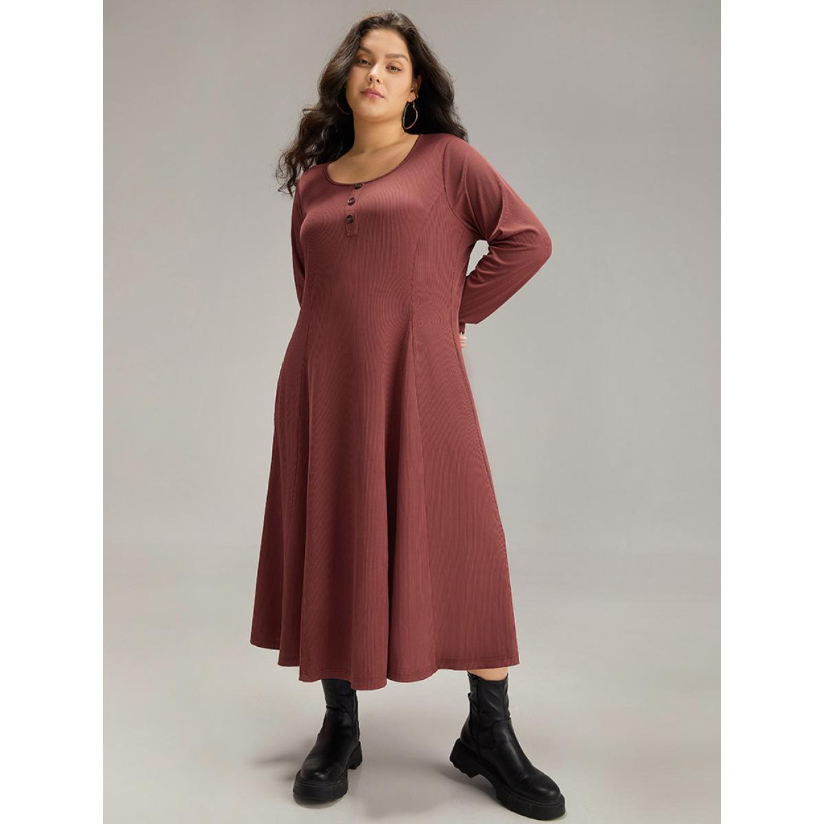 Plus Size Rib Knit Solid Button Up Pocket Ruffle Hem Dress Scarlet Women Casual Plain Round Neck Long Sleeve Curvy Midi Dress BloomChic 30/6X Product Image