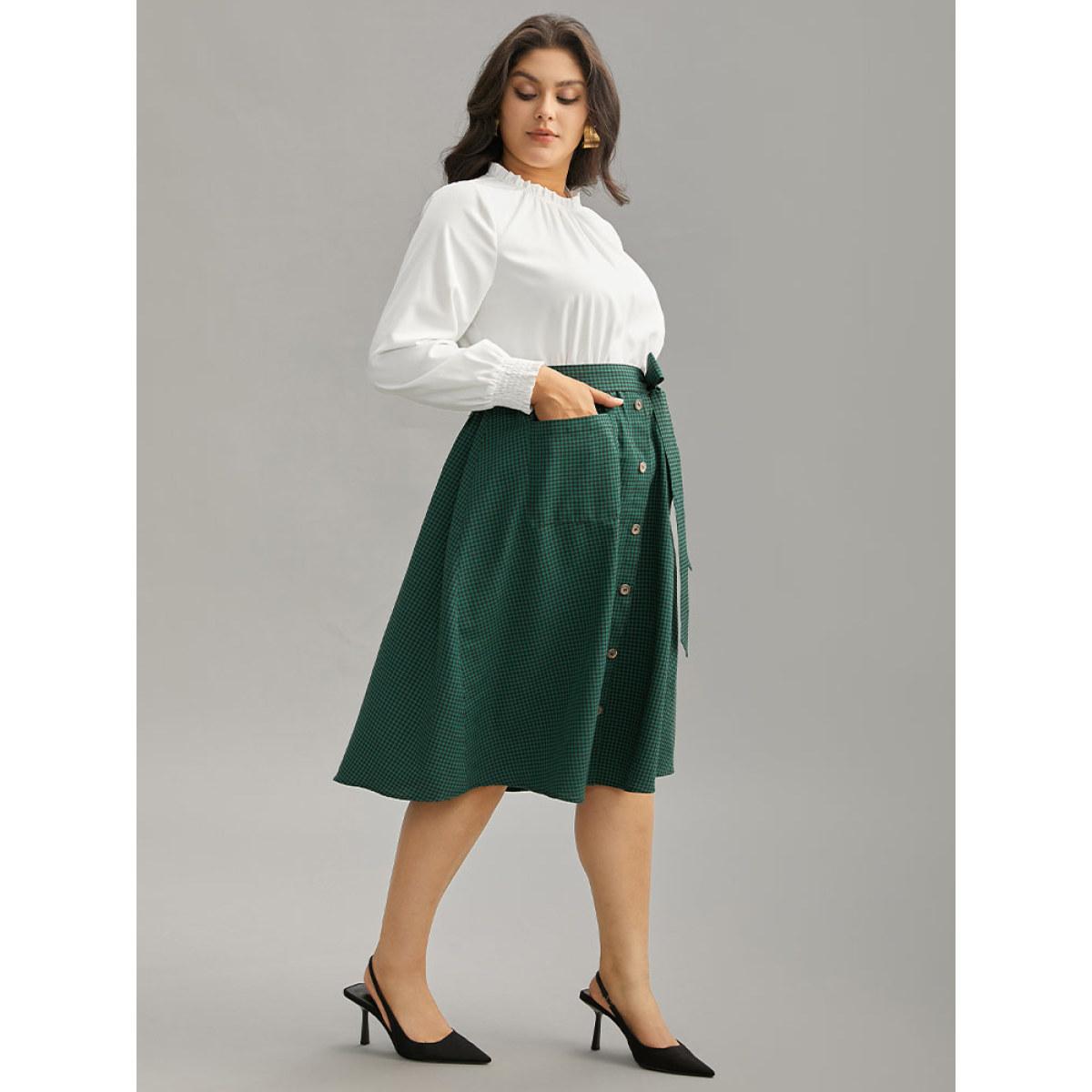 Plus Size Gingham Belted Frill Trim Button Detail Dress DarkGreen Women Elegant Printed Mock Neck Long Sleeve Curvy Midi Dress BloomChic 28/5X Product Image