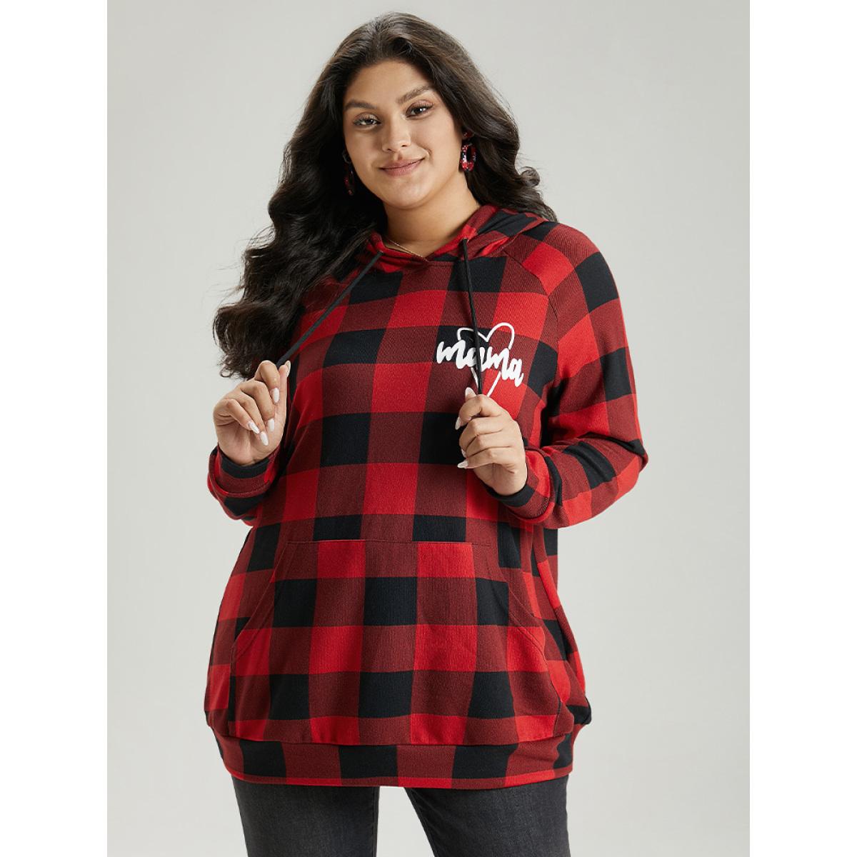 Plus Size Letter Plaid Hooded Drawstring Pocket Sweatshirt Women Red Casual Elastic cuffs Hooded Festival-Christmas Sweatshirts BloomChic 12/L Product Image