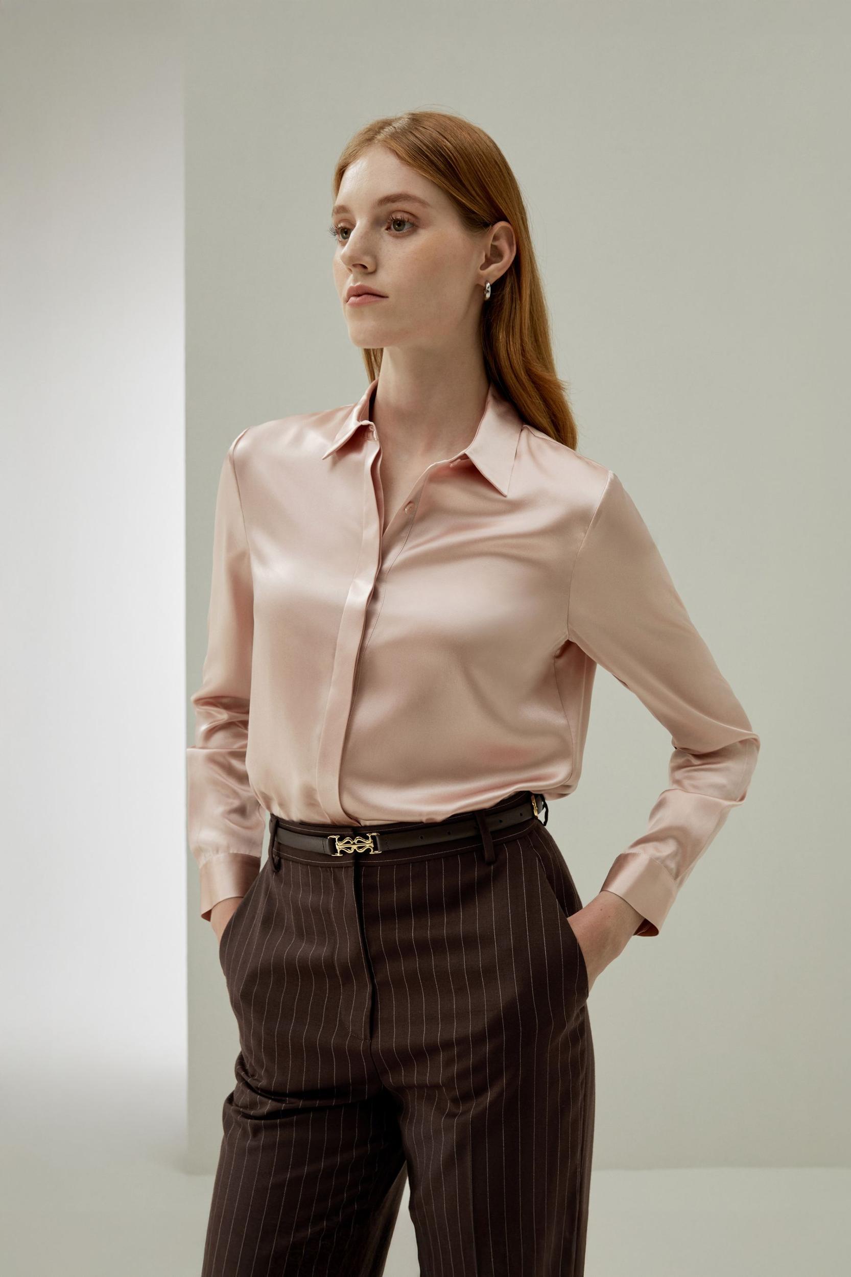 LILYSILK Silk Shirt Women - Dark Gray Mulberry Silk - Non-Toxic Dyes Concealed Mother-Of-Pearl Buttons Blouse Petite M Product Image