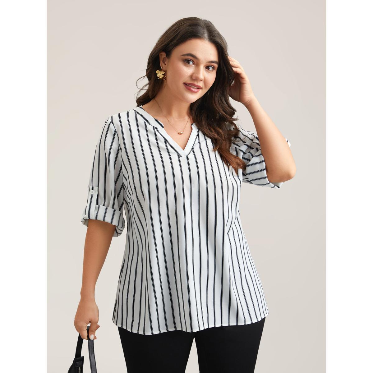 Plus Size WhiteSmoke Notched Collar Striped Tab Sleeve Shirt Women Office Elbow-length sleeve Notched collar Office Blouses BloomChic 28/5X Product Image