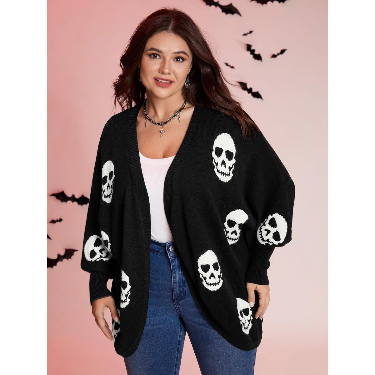 Plus Size Skull Print Batwing Sleeve Knit Cardigan Black Women Playful Loose Long Sleeve Casual Cardigans BloomChic 14-16/1X Product Image
