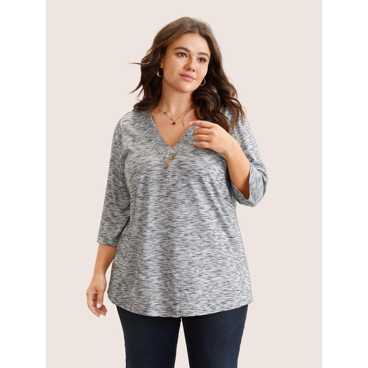 Plus Size Heather Pleated Button Detail T-shirt Gray Women Casual Pleated Plain V-neck Everyday T-shirts BloomChic 14-16/1X Product Image