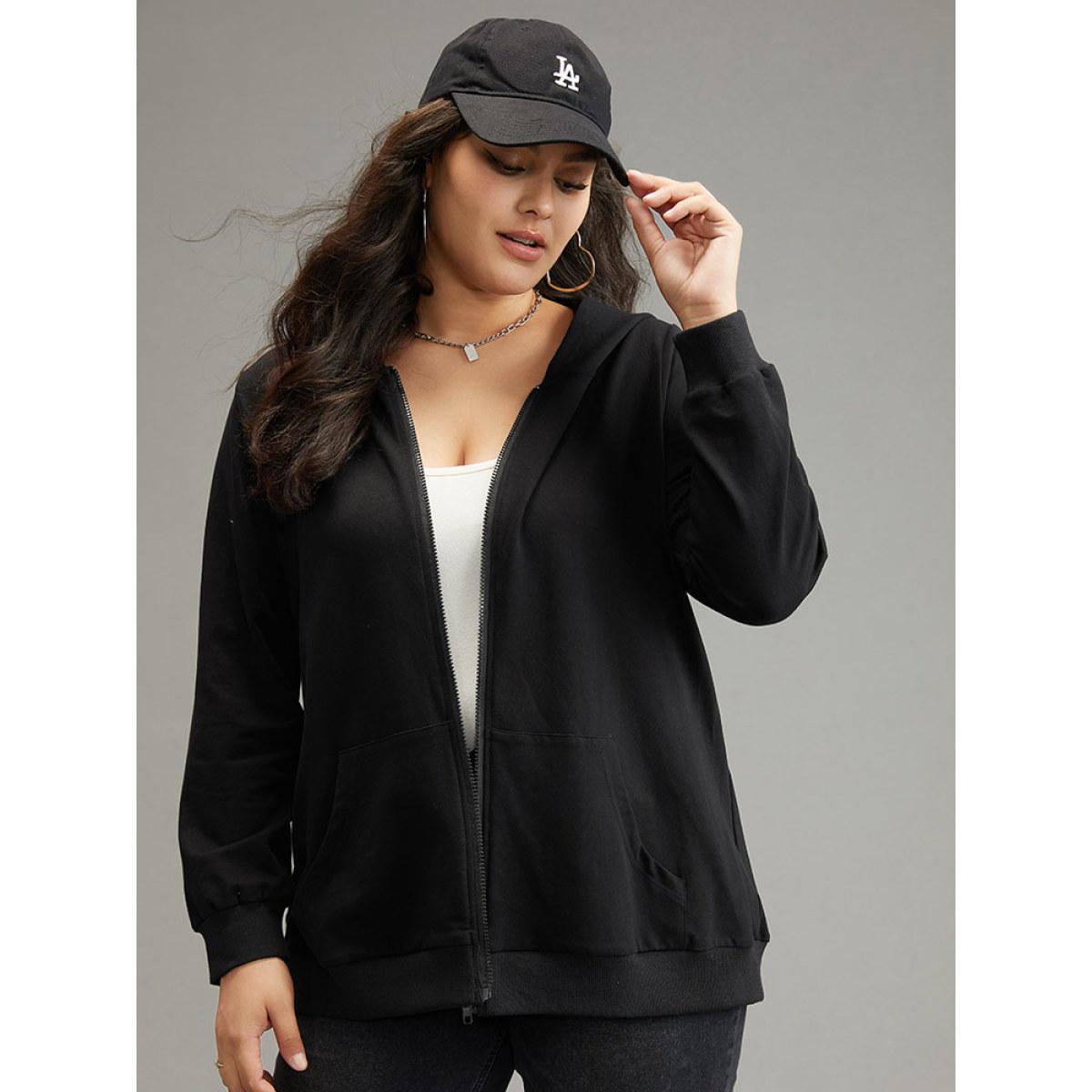 Plus Size Cotton Solid Pocket Hooded Sweatshirt Women Black Casual Elastic cuffs Hooded Dailywear Sweatshirts BloomChic 30/6X Product Image