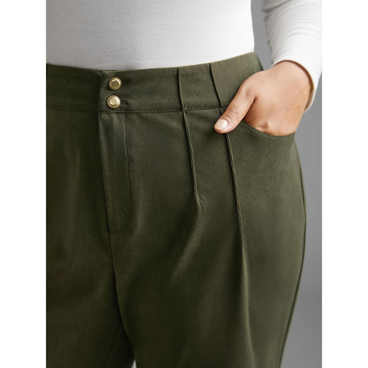 Plus Size Mid Rise Double Breasted Pleated Bootcut Pants Women ArmyGreen Elegant Bootcut Mid Rise Everyday Pants BloomChic 10/M Product Image