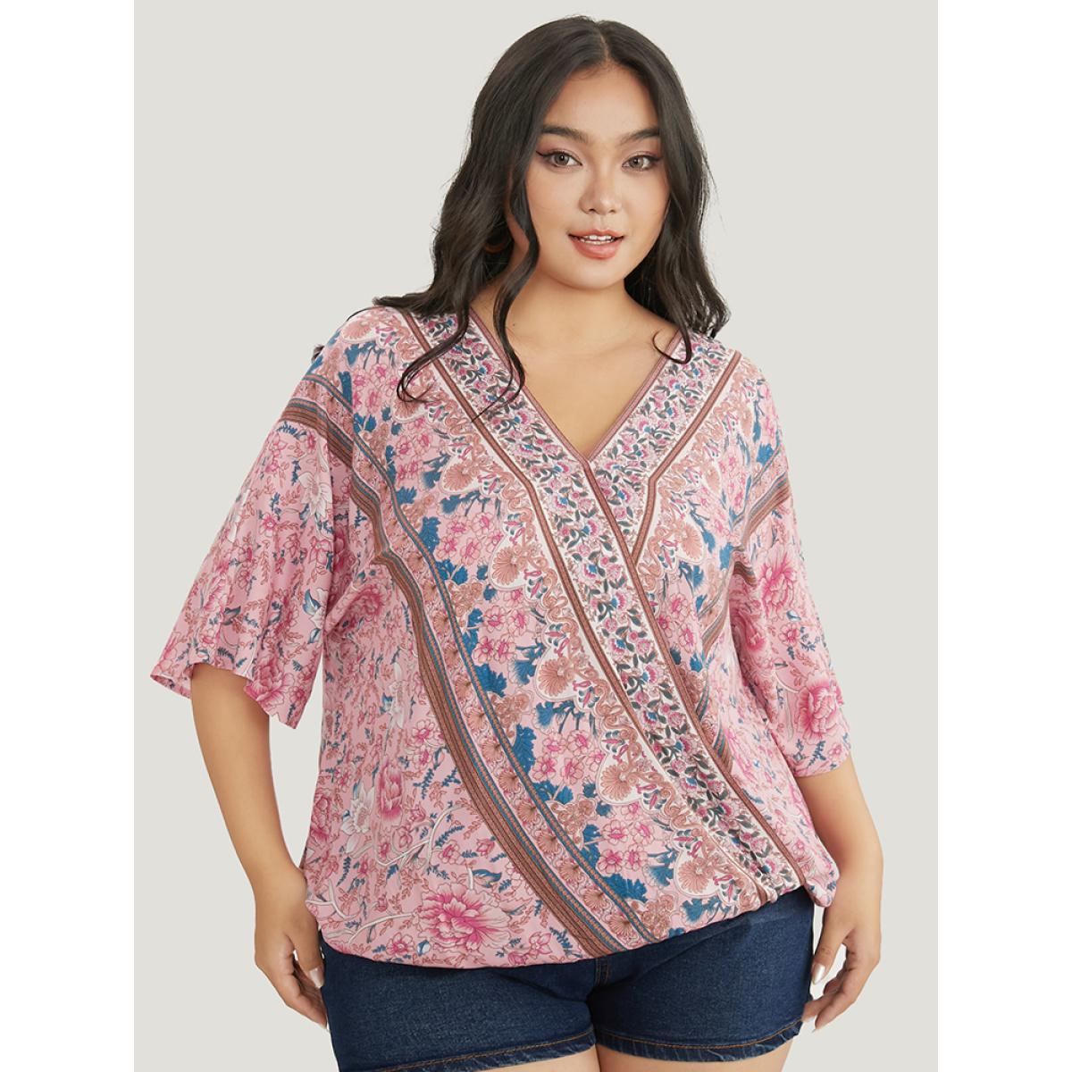 Plus Size Pink Floral Print Surplice Neck Blouse Women Vacation Half Sleeve V-neck Dailywear Blouses BloomChic 30/6X Product Image
