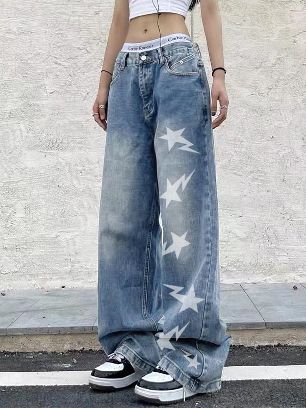 Washed Star Print  Boyfriend Jeans Product Image