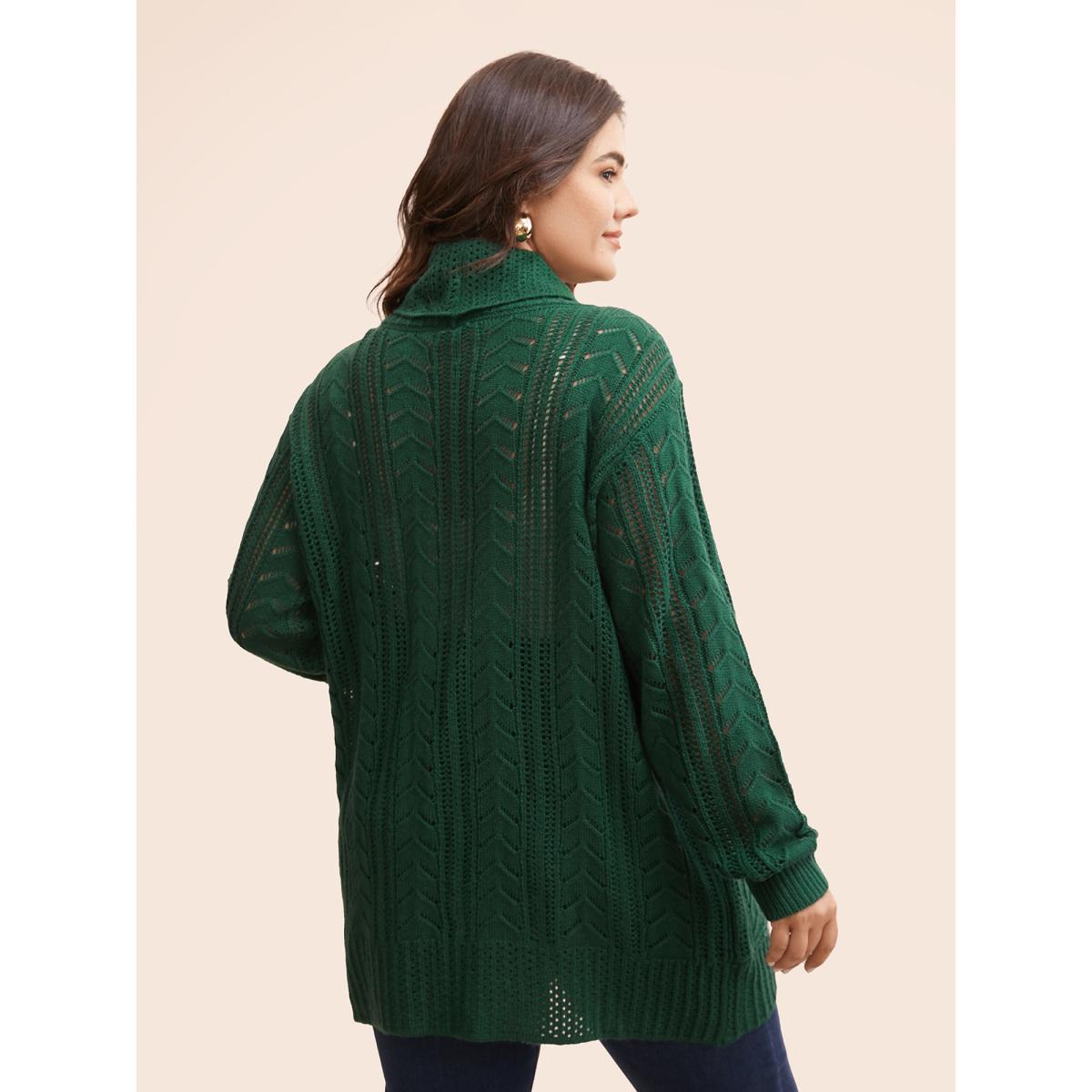 Plus Size Kimono Collar Cable Knit Arc Hem Cardigan DarkGreen Women Casual Loose Long Sleeve Everyday Cardigans BloomChic 28/5X Product Image