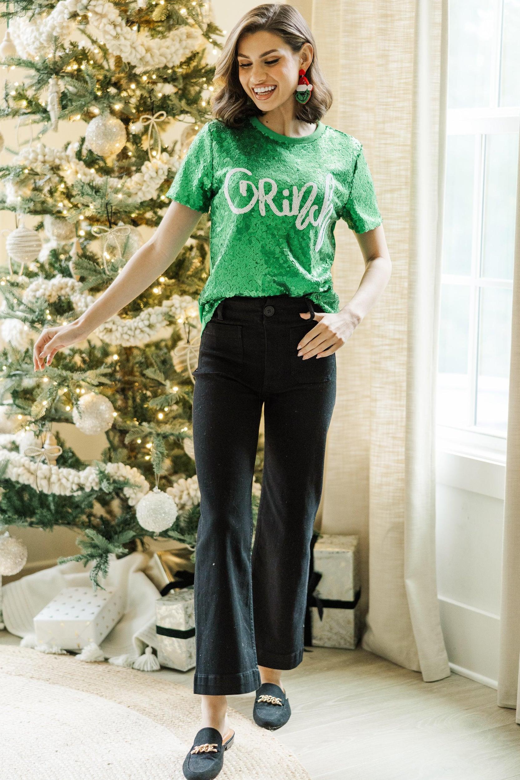 Feeling Grinchy Green Sequin Tee Female Product Image