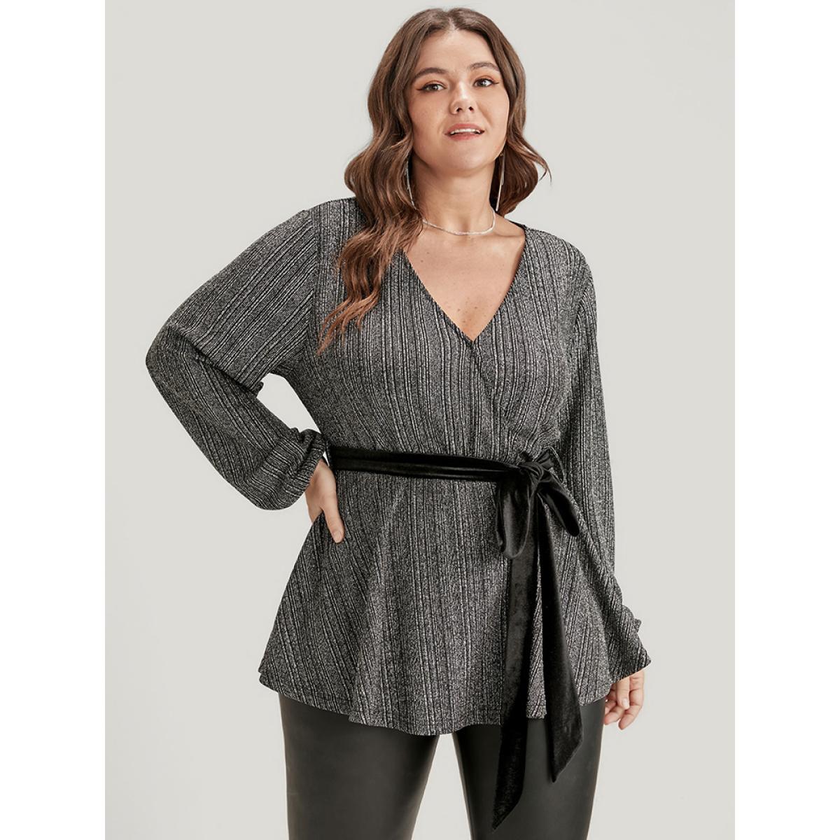 Plus Size Black Solid Wrap Lantern Sleeve Belted Sequin Blouse Women Party Long Sleeve V-neck Going out Blouses BloomChic 10/M Product Image