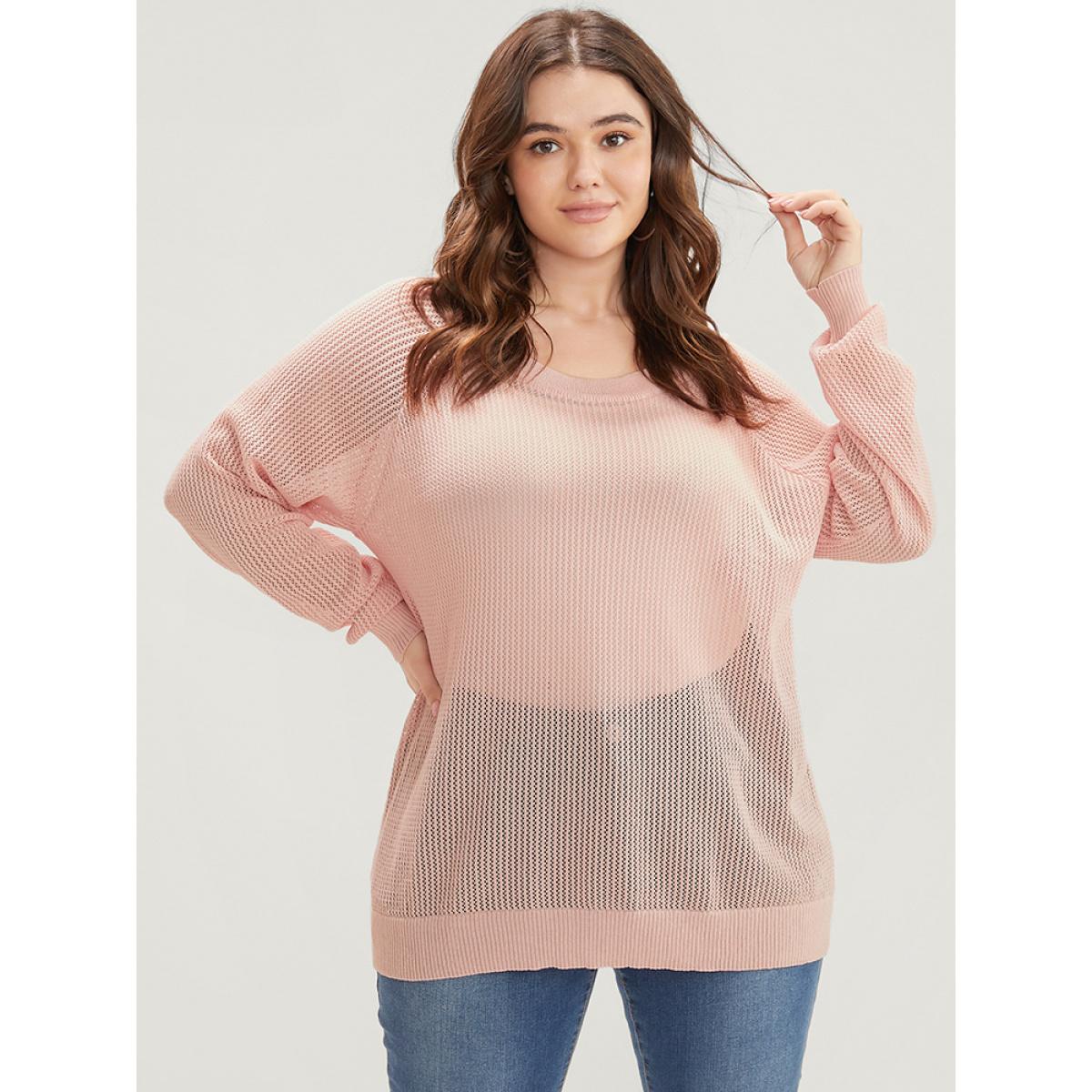 Plus Size Plain Ice Rayon Yarn Mesh Round Neck Eyelet Knit Top Crepe Women Casual Loose Long Sleeve Round Neck Dailywear Pullovers BloomChic 12/L Product Image