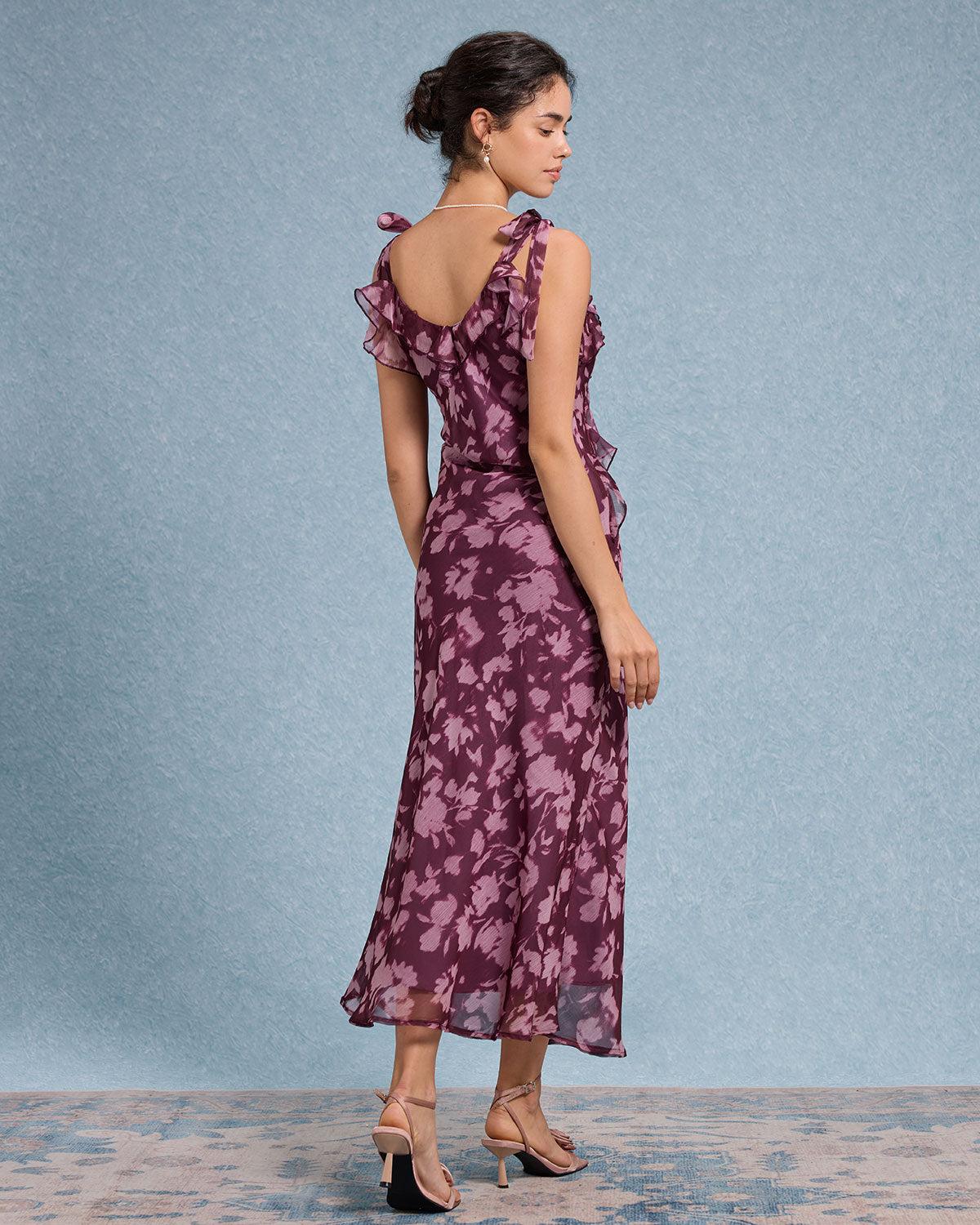 Purple Floral Ruffle Tie Strap Maxi Dress Product Image