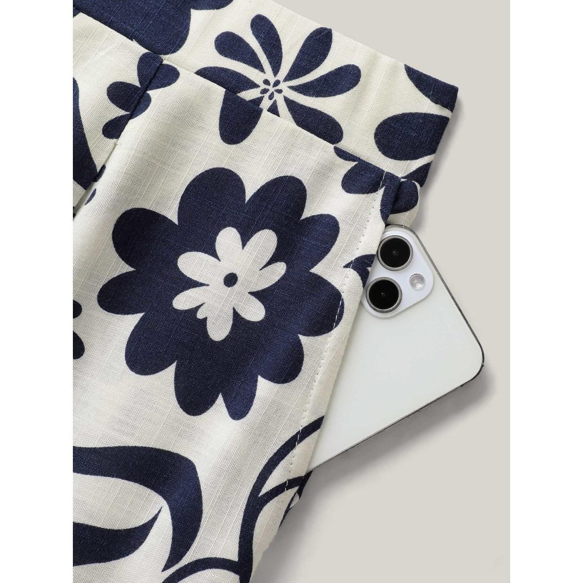 Plus Size Floral Print Wide-Leg Pants Women Indigo Timeless Wide Leg Mid Rise Elegant Pants BloomChic 28/5X Product Image