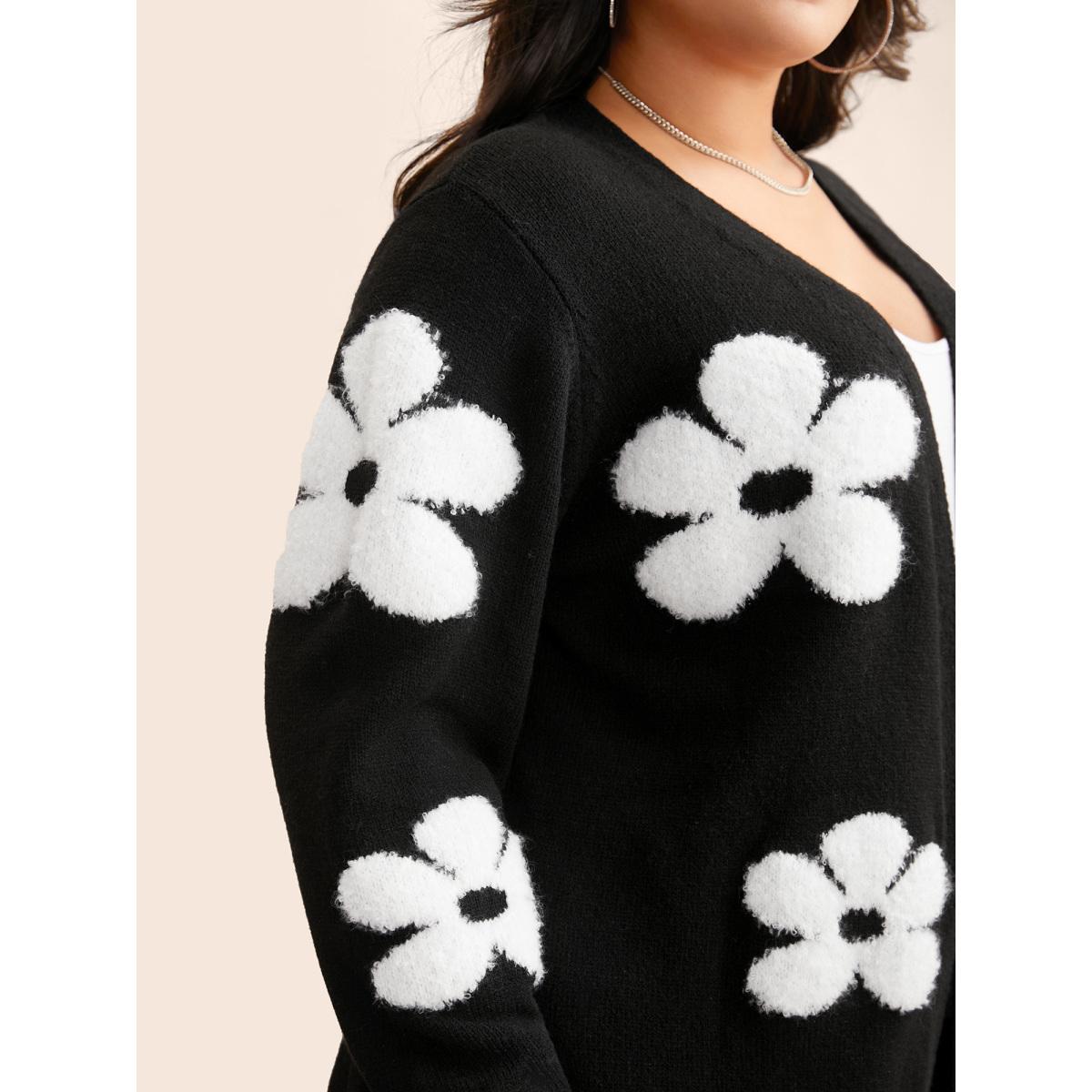 Plus Size Floral Jacquard Drop Shoulder Sleeve Cardigan Black Women Casual Loose Long Sleeve Everyday Cardigans BloomChic 14-16/1X Product Image