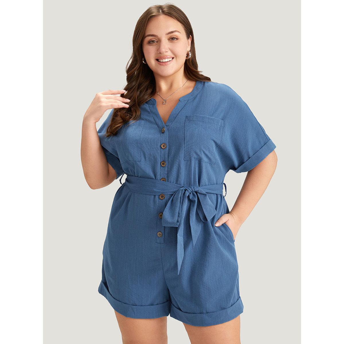 Plus Size Stone Anti-Wrinkle Solid Patched Pocket Notched Button Up Belt Romper Women Office Short sleeve Notched collar Office Loose Jumpsuits BloomChic 18-20/2X Product Image