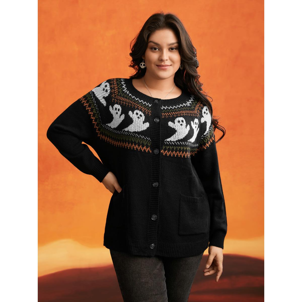 Plus Size Ghostly Fair Isle Button-Up Cardigan Black Women Casual Long Sleeve Everyday Cardigans BloomChic 14-16/1X Product Image