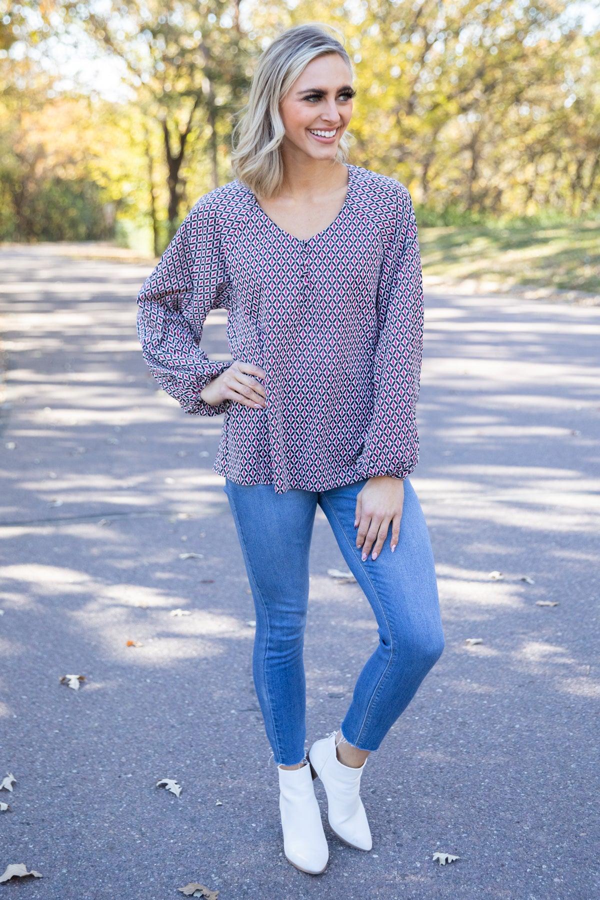 Burgundy Multicolor Geometric Print Top Product Image