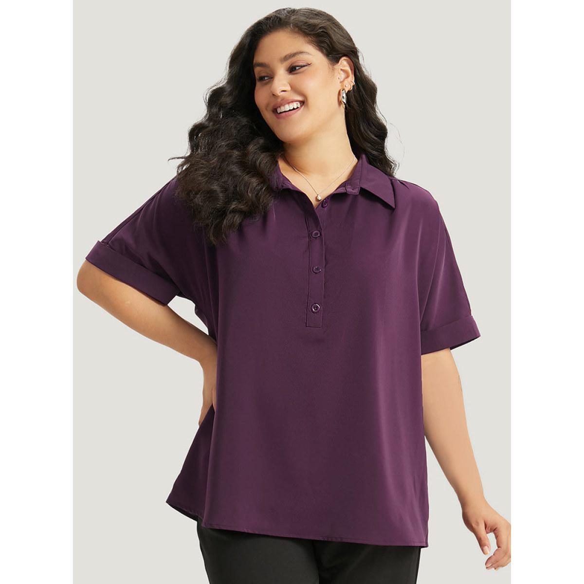 Plus Size Purple Anti-Wrinkle Shirt Collar Button Up Roll Sleeve Blouse Women Office Short sleeve Shirt collar Work Blouses BloomChic 14-16/1X Product Image