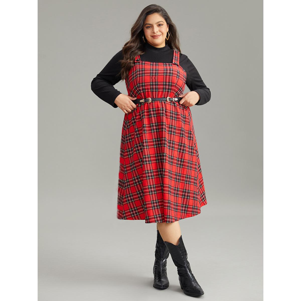 Plus Size Plaid Button Up Adjustable Straps Dress Red Women Casual Adjustable Straps Spaghetti Strap Sleeveless Curvy Midi Dress BloomChic 22-24/3X Product Image