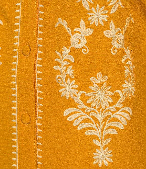 Calessa Embroidered Placement Print Ruffle Split V-Neck 3/4 Sleeve Button-Front Tunic Product Image