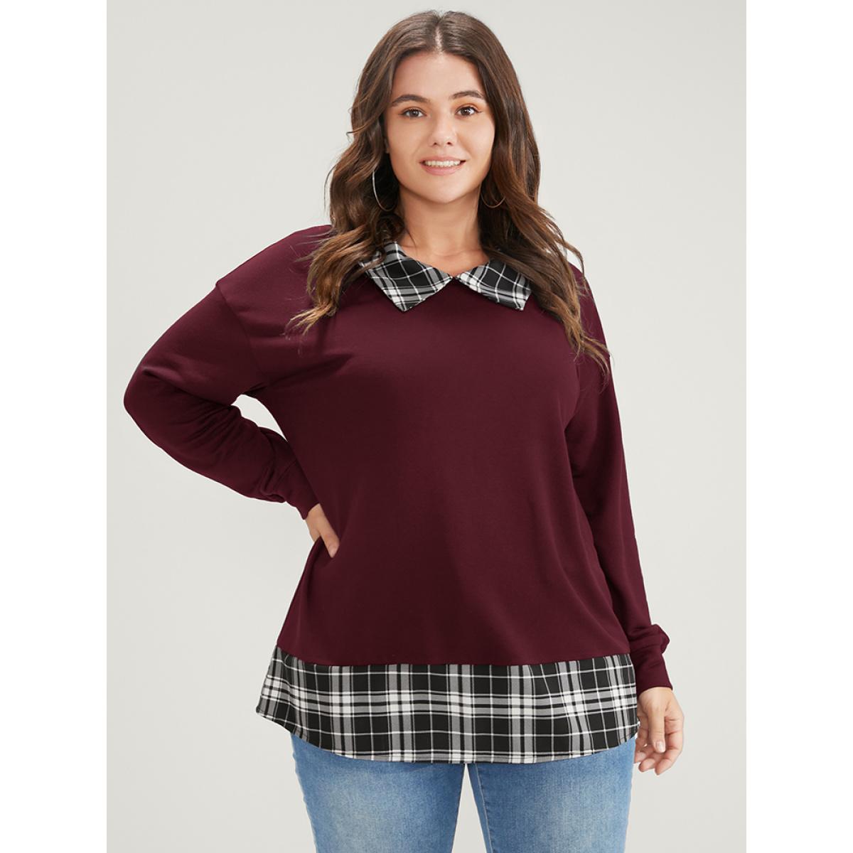Plus Size Plaid Print Drop Shoulder 2-In-1 Sweatshirt Women Burgundy Casual Lapel Collar Dailywear Sweatshirts BloomChic 10/M Product Image
