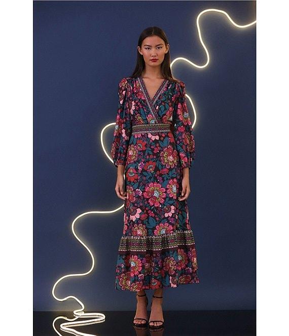 Donna Morgan Stretch Floral Printed Surplice V Neckline Long Puff Sleeve Maxi Dress Product Image
