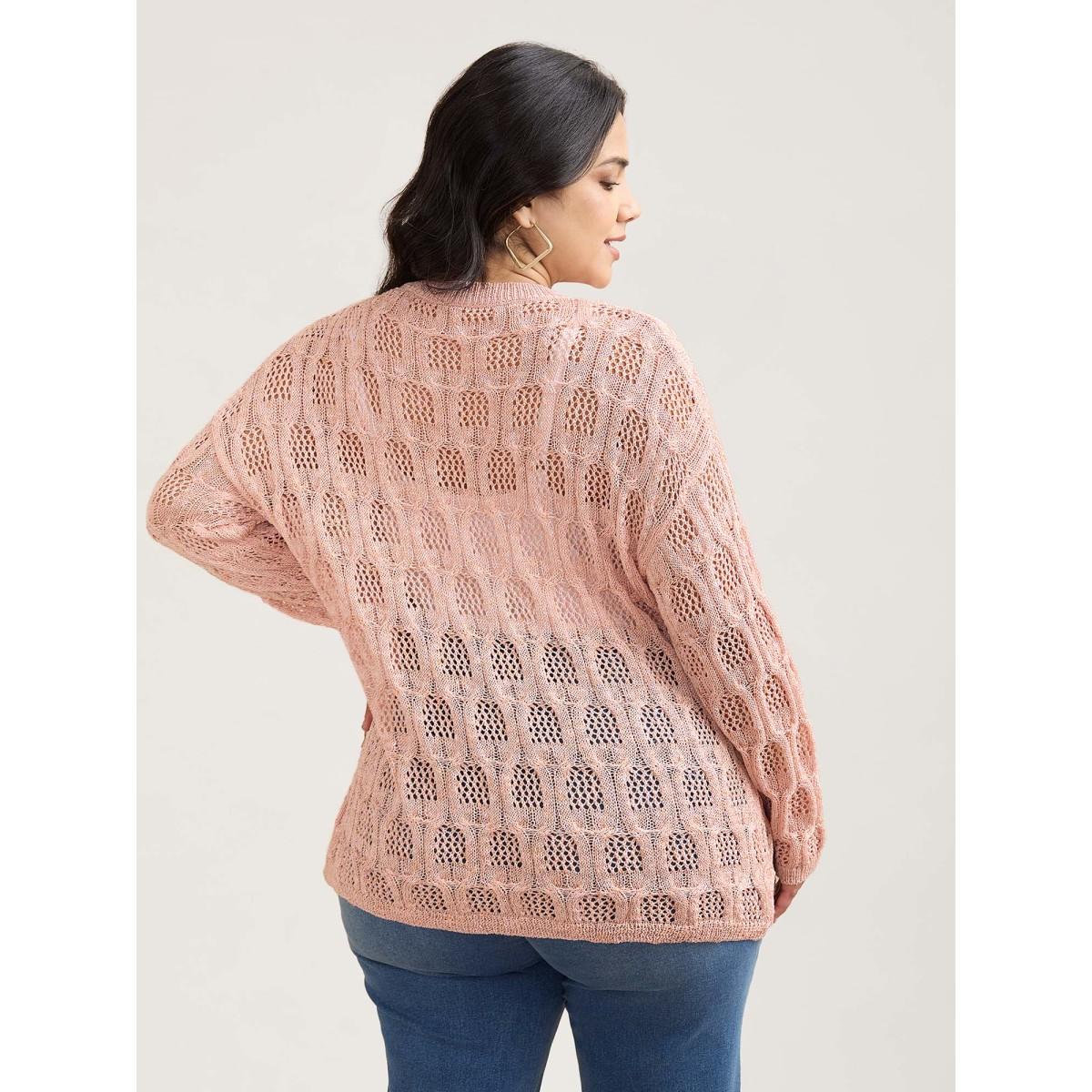 Plus Size Textured Cut-Out Ribbed Hem Pullover Crepe Women Casual Loose Long Sleeve Round Neck Everyday Pullovers BloomChic 10/M Product Image