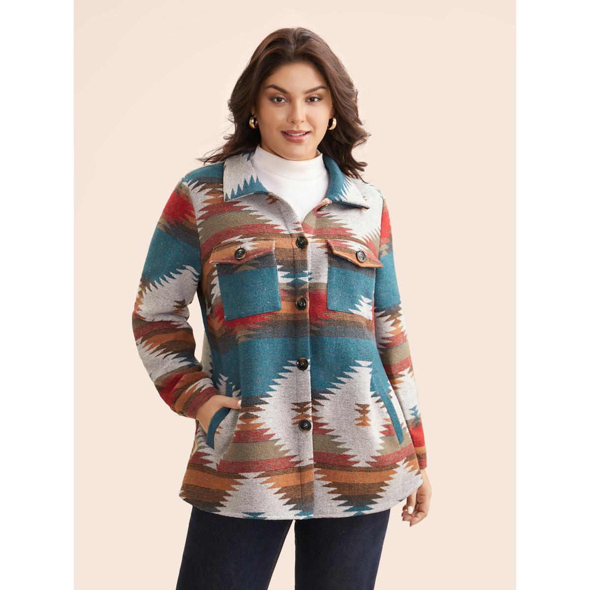 Plus Size Geometric Contrast Flap Detail Jacket Women Multicolor Contrast Loose Slanted pocket Everyday Jackets BloomChic 14-16/1X Product Image
