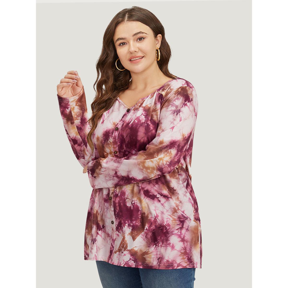 Plus Size Tie Dye Button Detail Round Neck T-shirt Multicolor Women Casual Tie Dye Tie Dye Round Neck Dailywear T-shirts BloomChic 26/4X Product Image