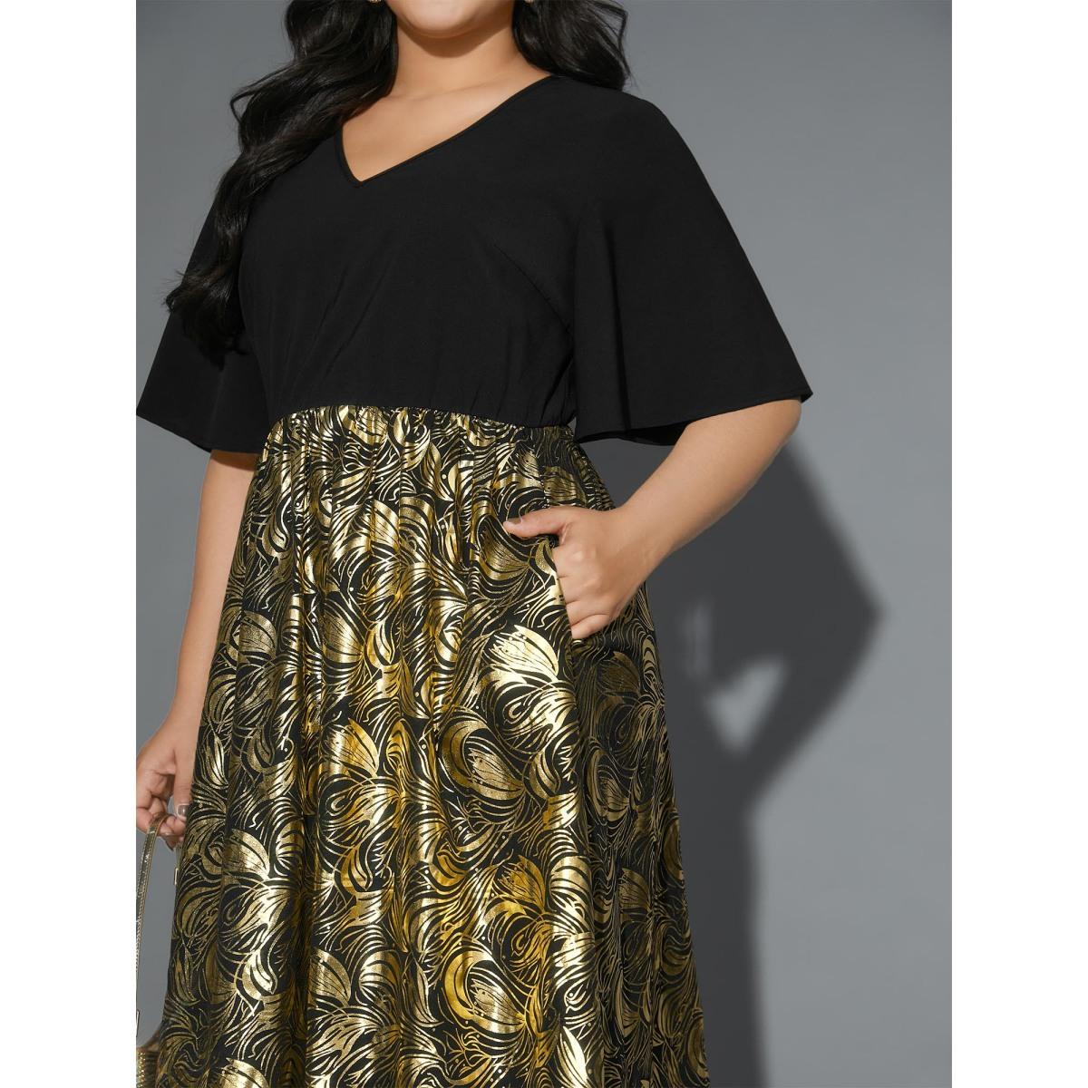 Plus Size V Neck Glitter Flounce Sleeve Dress Black Women Cocktail Texture V-neck Half Sleeve Curvy BloomChic 26/4X Product Image