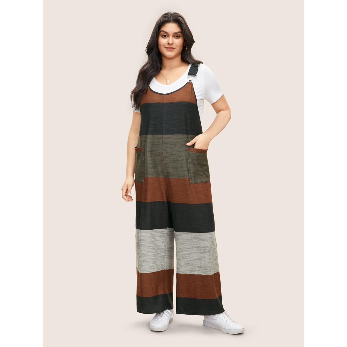 Plus Size Multicolor Colorblock Patchwork Patched Pocket Overall Jumpsuit Women Casual Sleeveless U-neck Everyday Loose Jumpsuits BloomChic 22-24/3X Product Image