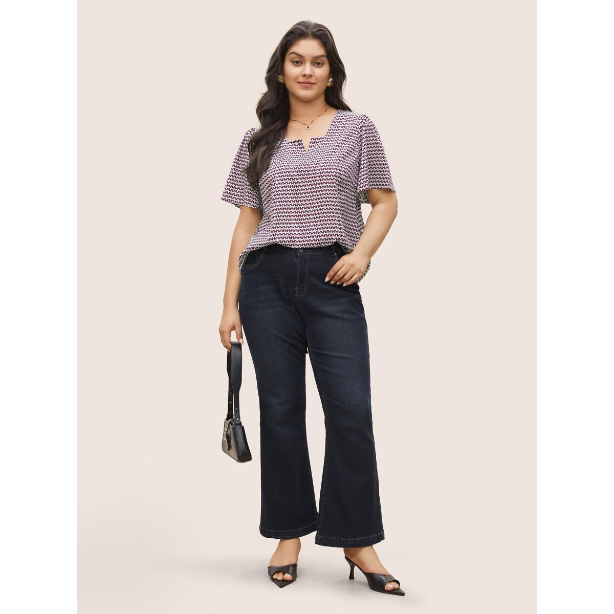 Plus Size Deeppurplered Geometric Print Notched Split Hem Blouse Women At the Office Short sleeve Notched collar Work Blouses BloomChic 14-16/1X Product Image